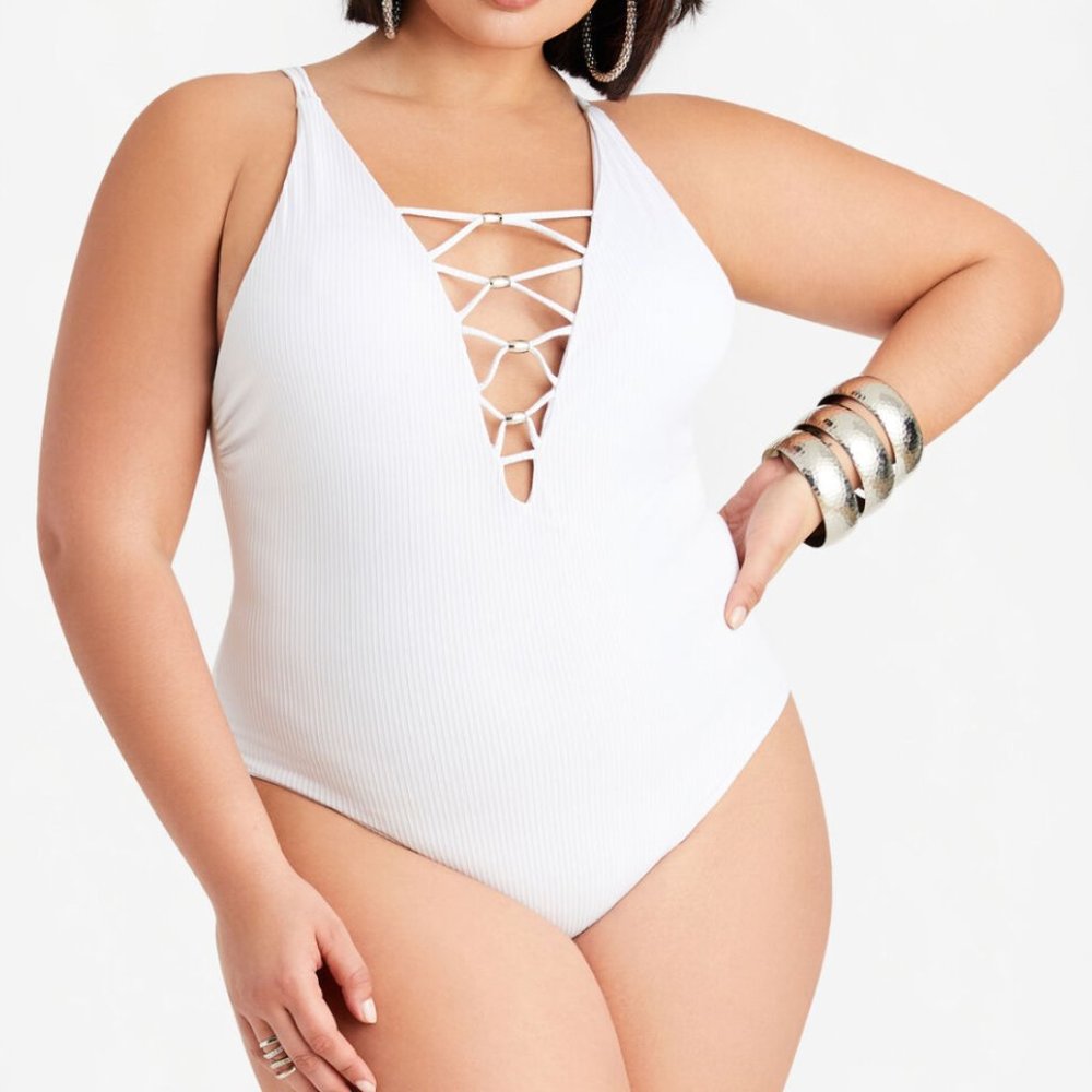 YMI White Lace Up One-Piece Swimsuit, Large
